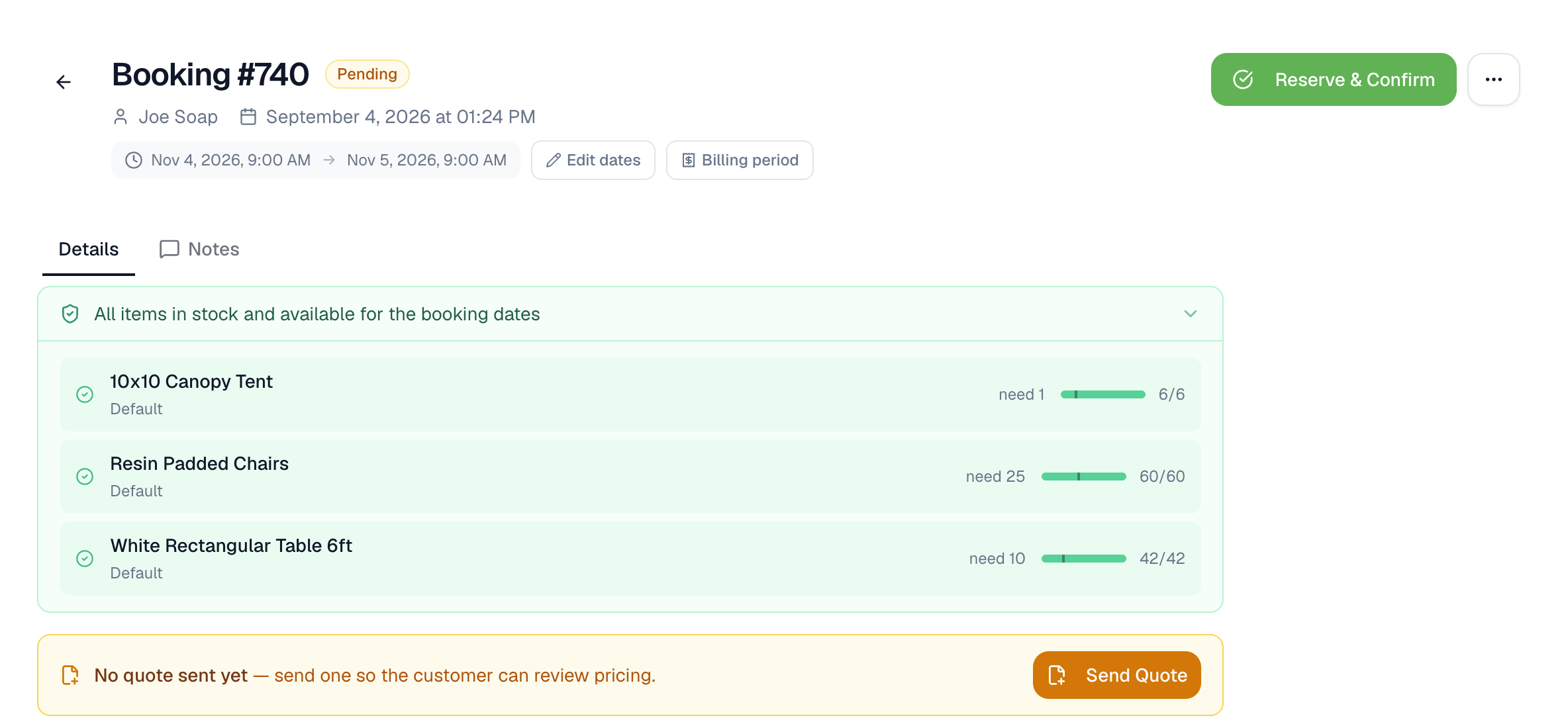 Inventro booking showing dates and available quantities for tents, chairs, and tables